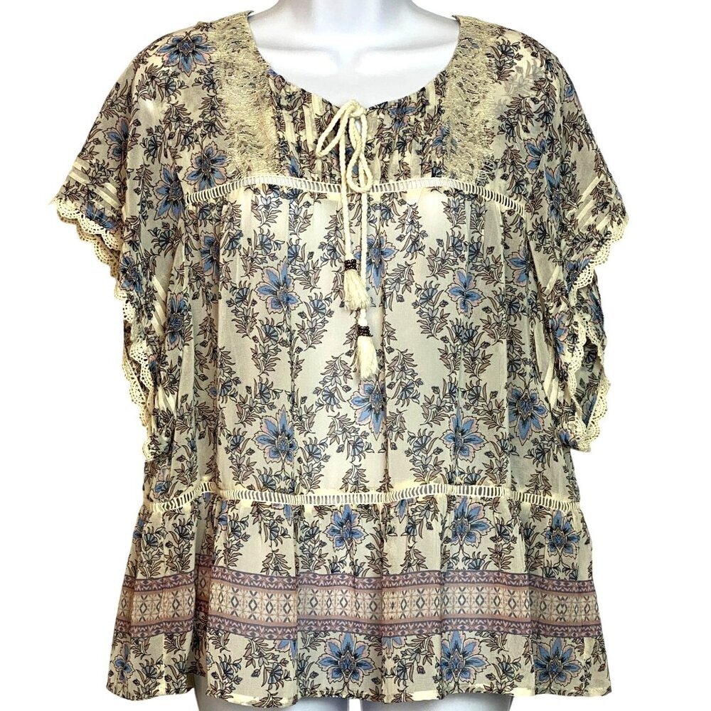 Daniel Rainn Floral Lace Trim Blouse Large Cream/Blue Boho Top With Tassels &